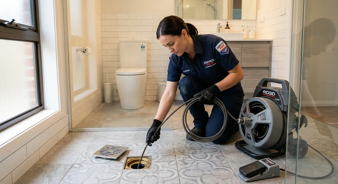 Technician clearing a bathroom floor drain for Drain Repair in Longboat Key